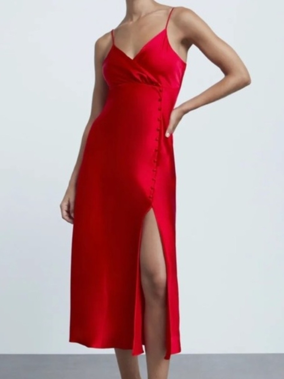 Zara Red Satin Midi Slip Dress with Side Button Trim